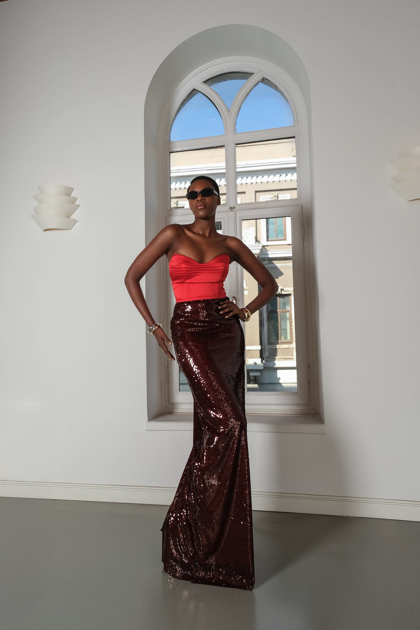 Sadie - Strapless Long Dress with Draped Satin and Sequin Mix