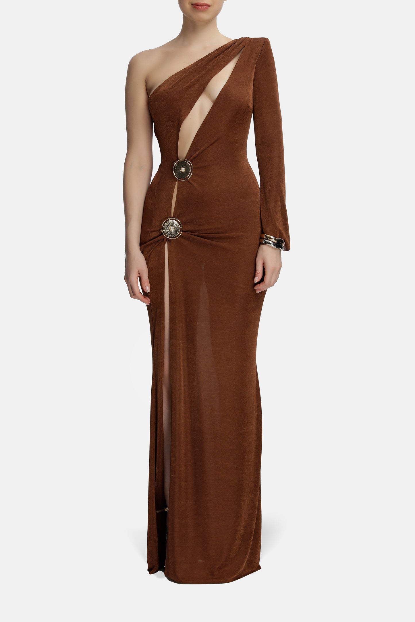 Olya - One-sleeve Embellished Stretch Maxi Dress